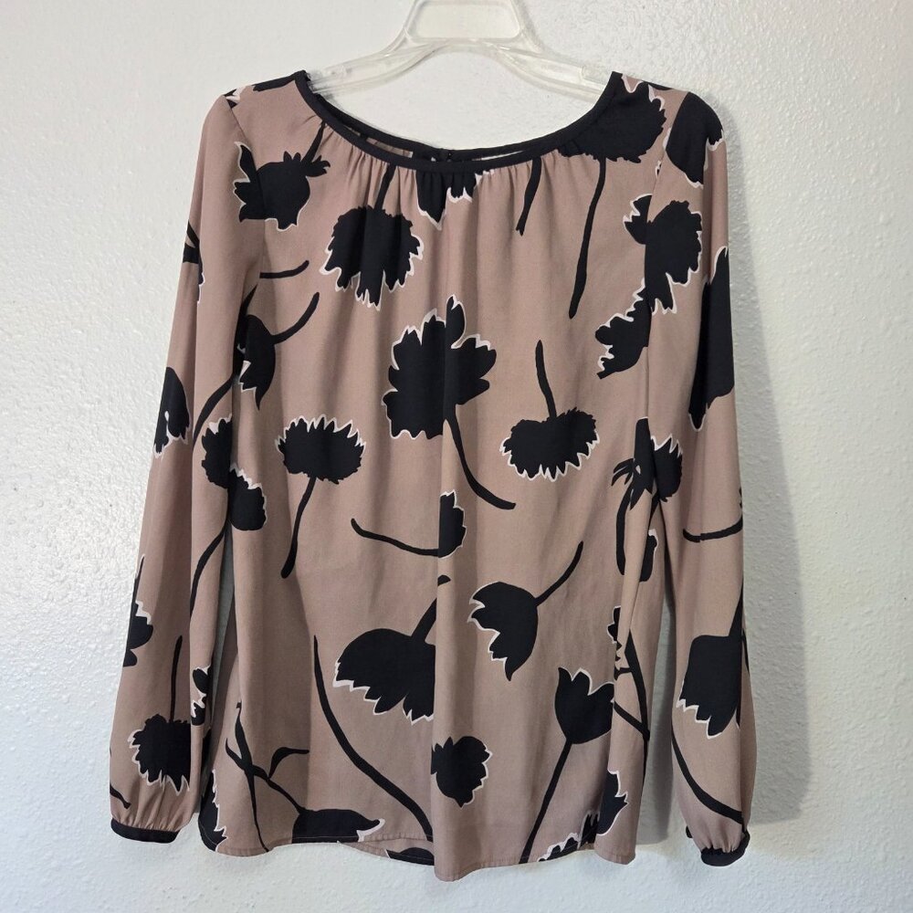 Ann Taylor LOFT Tulip Patterned Long Sleeve Blouse Taupe/Black Size Small